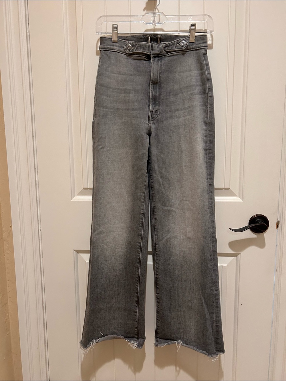 MOTHER Gray High-Waist Wide-Leg Jeans with Frayed Hem